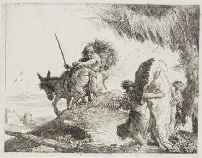 Maria, unterstützt von zwei Engeln, folgt Joseph, Platte 26 aus Die Flucht nach Ägypten von Giovanni Domenico Tiepolo