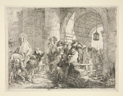 Die Ankunft der Heiligen Familie am Tor einer Stadt, aus der Serie Idee pittoresche sopra la fuga in Egitto (Flucht nach Ägypten) von Giovanni Domenico Tiepolo