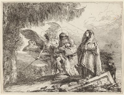 Die Flucht, Heilige Familie geht mit Engel von Giovanni Domenico Tiepolo