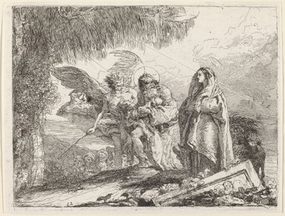 Die Flucht, Heilige Familie geht mit Engel von Giovanni Domenico Tiepolo