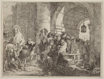 Die Heilige Familie erreicht ein Stadttor von Giovanni Domenico Tiepolo