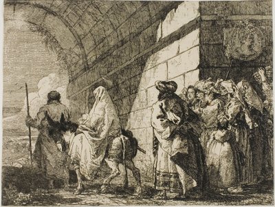 Die Heilige Familie verlässt das Stadttor, Platte sieben aus Die Flucht nach Ägypten von Giovanni Domenico Tiepolo