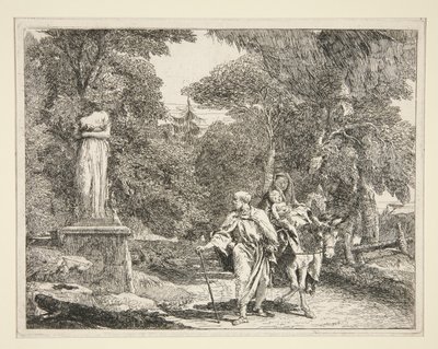 Die Heilige Familie passiert eine Statue, aus der Serie Idee pittoresche sopra la fuga in Egitto (Flucht nach Ägypten) von Giovanni Domenico Tiepolo