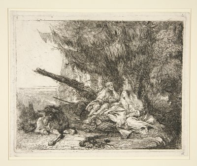 Die Rast auf der Flucht nach Ägypten, aus der Serie Idee pittoresche sopra la fuga in Egitto (Flucht nach Ägypten) von Giovanni Domenico Tiepolo