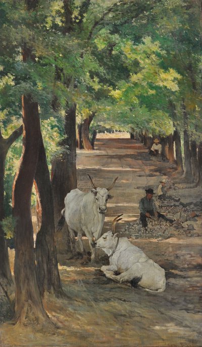 Allee mit Ochsen und Steinbrechern, ca. 1875 von Giovanni Fattori