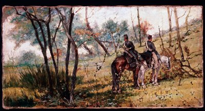 Zwei Soldaten reiten unter den Bäumen von Giovanni Fattori