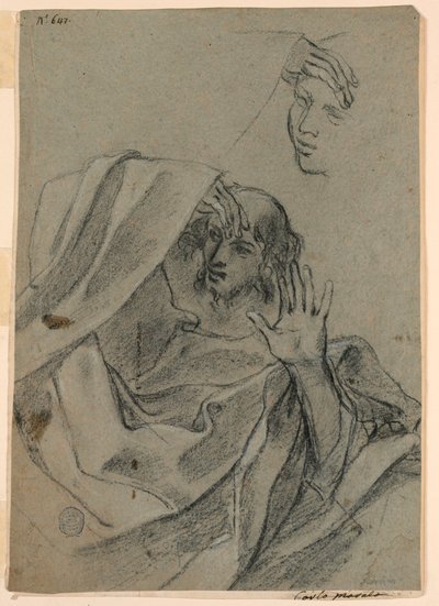 Zeichenstudien mit Frauengesicht und liegendem Mann, und rechte Hand mit Unterarm von Giovanni Francesco Barbieri