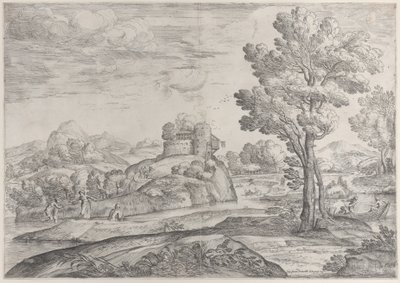 Ein Haus auf einem runden Felsen in der Mitte, Menschen im Fluss und in Kanus, 1626-80 von Giovanni Francesco Grimaldi