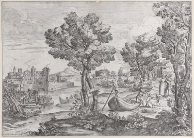 Landschaft mit einem Mann, der eine Schlange zu einem verängstigten Kind hält, beobachtet von einer modisch gekleideten Person, 1626-80 von Giovanni Francesco Grimaldi