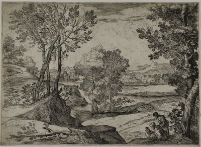Frau, ihr Kind und ein stehender Mann in einer Landschaft von Giovanni Francesco Grimaldi