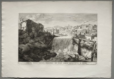 Die Brunnen von Rom (Le fontane di Roma), Buch IV, Platte 27: Ansicht des Hauptwasserfalls des Flusses Aniene in der Stadt Tivoli (Veduta della Cascata Principale del Fiume Aniene nelle citta di Tivoli) von Giovanni Francesco Venturini