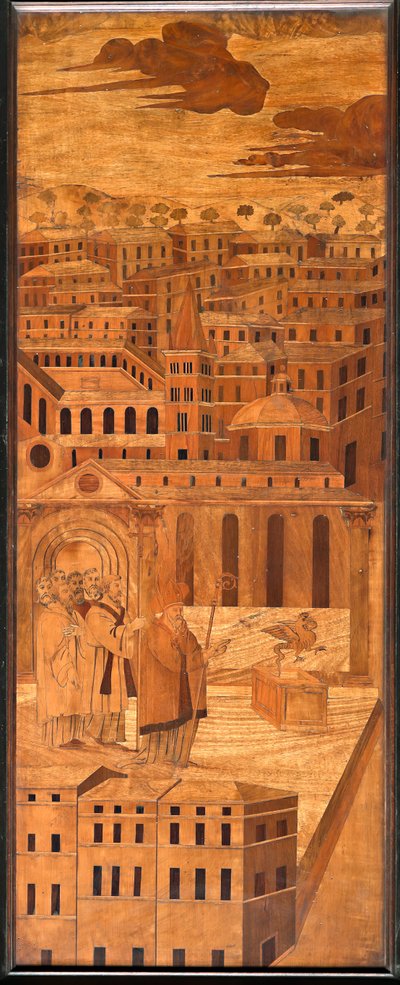 Genua, Duomo (St. Laurentius-Kathedrale), innen, Apsis, Chor, Nordseite: "Hl. Syrus vertreibt den Basilisken", Holzeinlegearbeit von Anselmo De
