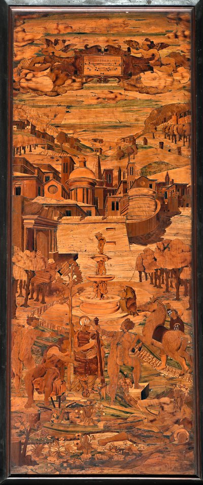 Genua, Duomo (St. Laurentius Kathedrale), innen, Apsis, Chor, Südseite: "Allegorie", Holzintarsie von Giovanni Francesco Zambelli (16. Jahrhundert) von Giovanni Francesco Zambelli