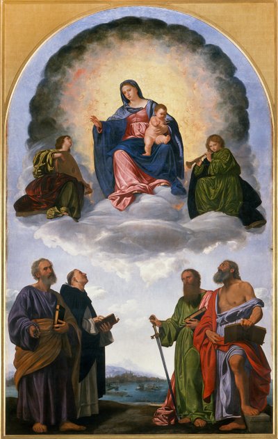 Madonna in Herrlichkeit mit dem Christuskind, zwei Engelmusikern, St. Peter, St. Dominikus, St. Paulus und St. Hieronymus (Pesaro-Altarbild) von Giovanni Girolamo Savoldo
