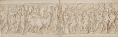 Gefangene Frauen werden weggeführt (Ende von LXXIII); Parade der Leibwache (LXXIV); Marcus Aurelius opfert an einem Altar (LXXV); Marcus Aurelius beobachtet einen Angriff (Beginn von LXXVI) von Giovanni Guerra