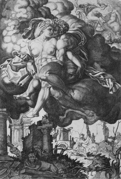 Ixion versucht Juno zu verführen, umgeben von Wolken mit Ruinen darunter, ca. 1520-39 von Giovanni Jacopo Caraglio