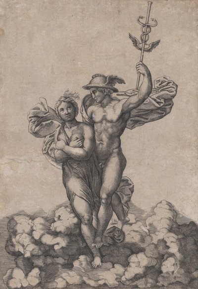 Merkur bringt Psyche zum Olymp, nach Raphaels Komposition in der Villa Farnes..., ca. 1520-39 von Giovanni Jacopo Caraglio