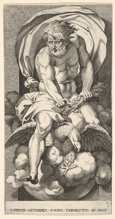 Platte 3: Jupiter, der aus einer Nische auftaucht, auf einem Adler reitet und einen Blitz in seiner Hand hält von Giovanni Jacopo Caraglio
