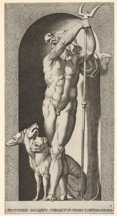 Tafel 7: Pluto in einer Nische, hält einen Zweizack, mit Cerberus neben ihm, aus einer Serie von m..., 1526 von Giovanni Jacopo Caraglio