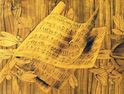 Musikalische Partitur, zentraler Teil der Intarsienarbeit an einer Eckkommode mit einer großen Tür, von Giovanni Maffezzoli, signiert und datiert 1798, Italien von Giovanni Maffezzoli