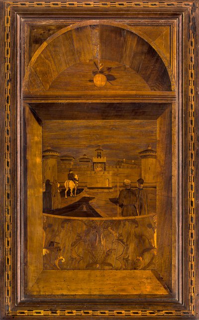 Kanonischer Chor aus Holz, Intarsien von Giovanni Maria Platina 1484, Oberer Stall, Blick auf das Castello Sforzesco in Mailand von Giovanni Maria Platina