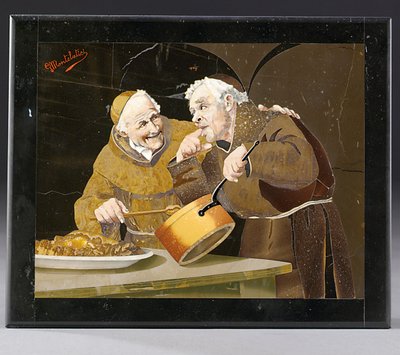 Plakette, die zwei Mönche zeigt, die Essen testen, Florenz, frühes 20. Jahrhundert von Giovanni Montelatici