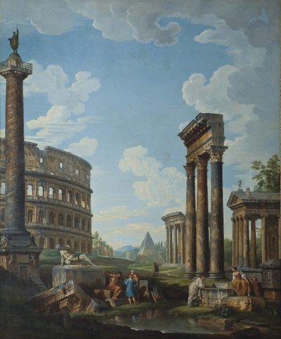 Ein Capriccio mit Figuren unter römischen Ruinen, einschließlich des Konstantinsbogens und des Pantheons von Giovanni Paolo Pannini