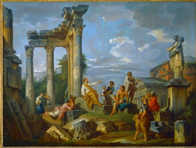Prediger inmitten von Ruinen in Rom, bereichert mit Figuren, mit dem Pantheon und der Statue der Flora von Giovanni Paolo Pannini or Panini