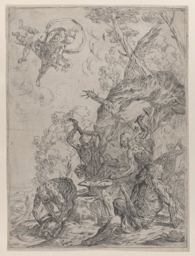 Die Schmiede des Vulkan mit Schmieden, die mit Hämmern auf einen Amboss schlagen, 1640-59 von Giovanni Pietro Possenti
