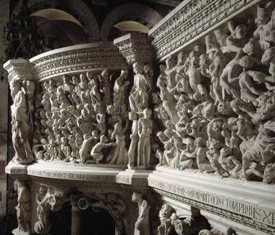 Detail des Stuhls von Giovanni Pisano (1248-1314): Christus Richter zwischen den Auserwählten und den Verdammten (Detail) 1302-1311 Kathedrale von Pisa, Italien von Giovanni Pisano