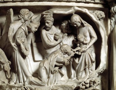 Detail der Reliefs des Stuhls von Giovanni Pisano (1248-1314): Anbetung der Heiligen Drei Könige (Detail) von Giovanni Pisano