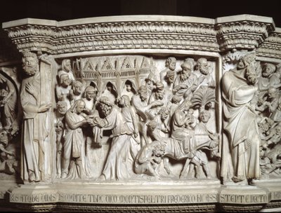Detail der Reliefs des Stuhls: Die Darstellung Jesu im Tempel und die Flucht nach Ägypten (Detail) von Giovanni Pisano