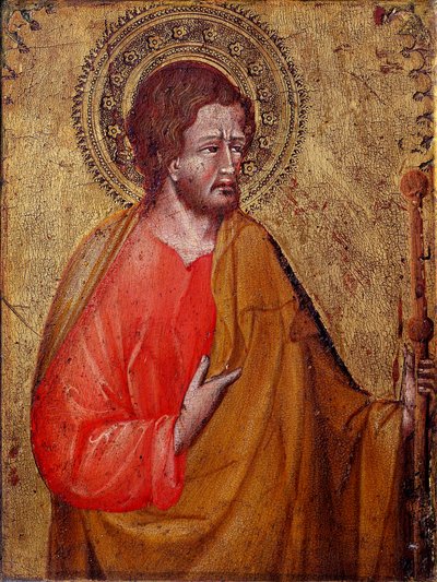 Darstellung des Heiligen Jakobus des Pilgers. Dies ist der Heilige Jakobus der Ältere oder der Heilige Jakobus, Sohn des Zebedäus. Gemälde von Giovanni di Paolo (1395/1400-1482) 15. Jahrhundert. Assisi, Museo del Tesoro della Basilica di San Francesco e Co von Giovanni di Paolo