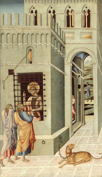 Johannes der Täufer im Gefängnis erhält Besuch von zwei Jüngern von Giovanni di Paolo