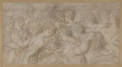 Umarmende Frauenfiguren, einige halten Notenblätter, 1570-73 von Girolamo Mirol.