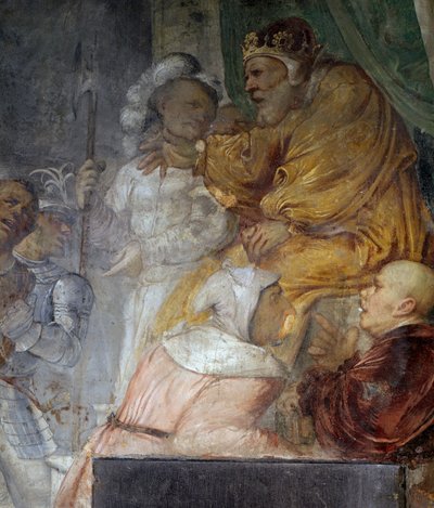 Nebukadnezar, Detail aus dem Wunder der drei Gefährten Daniels, Fresko von Girolamo Romanino, Detail der rechten Wand der Kirche des Heiligen Antonius Abt, Breno, Italien von Girolamo Romanino