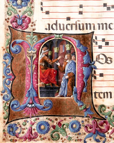 Dekorierte Buchstaben, die Jesus Christus vor Pontius Pilatus darstellen. Miniatur von Girolamo da Cremona und Liberale da Verona aus einem Chorbuch der Kathedrale von Siena. 15. Jahrhundert von Girolamo da Cremona