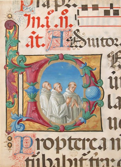 Manuskript-Illumination mit singenden Mönchen in einem Initial D, aus einem Psalter, Italienisch, 1501-2 von Girolamo dai Libri