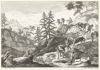 Berglandschaft mit Reitern, die Pferde bergab führen von Giuliano Giampiccoli