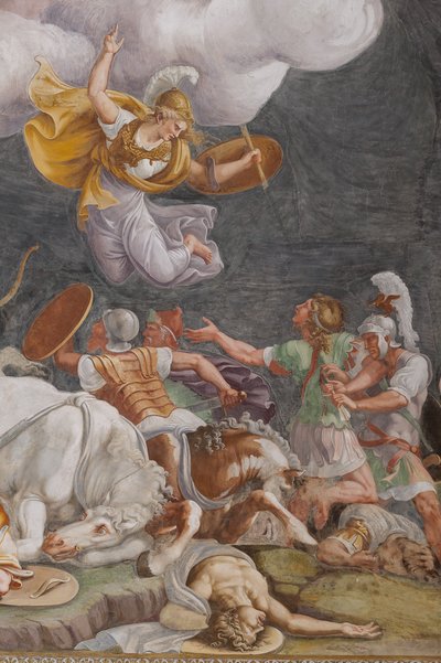 Eine Schlacht, Detail, Das Trojanische Pferd, Kammer von Troja (Sala di Troia) von Giulio (and workshop) Romano