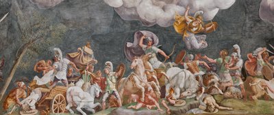 Eine Schlacht, Detail, Das Trojanische Pferd, Kammer von Troja (Sala di Troia) von Giulio (and workshop) Romano
