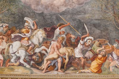 Ajax schützt den Leichnam von Patroklos während der Schlacht von Troja, Das Trojanische Pferd, Kammer von Troja (Sala di Troia) von Giulio (and workshop) Romano