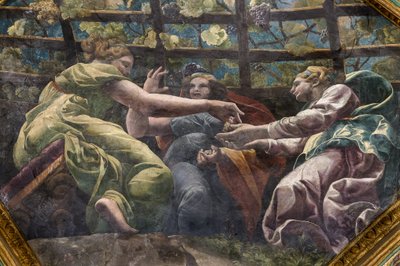 Detail des Gewölbes mit jungen Frauen und Trauben, Kammer von Amor und Psyche (Sala di Amore e Psiche) von Giulio (and workshop) Romano