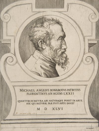 Büste von Michelangelo nach rechts gewandt, in einer Kartusche, 1546 von Giulio Bonasone
