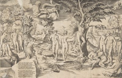 Amor in den Elysischen Feldern an einen Baum gebunden, umgeben von vielen Figuren von Giulio Bonasone