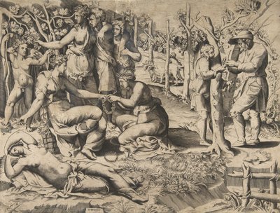 Flora in der Mitte, die einen Kranz an eine andere Frau weitergibt, umgeben von anderen Figuren, Mitte des 16. Jahrhunderts von Giulio Bonasone