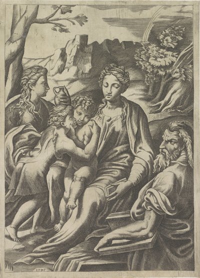 Heilige Familie mit dem jungen Johannes dem Täufer und Maria Magdalena von Giulio Bonasone