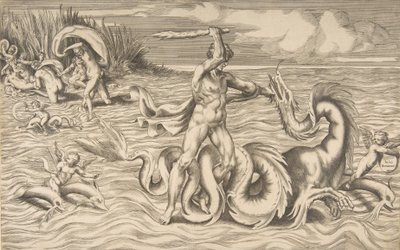 Herkules kämpft gegen einen Drachen in der Mitte, Achelous entführt Deianeira oben links von Giulio Bonasone