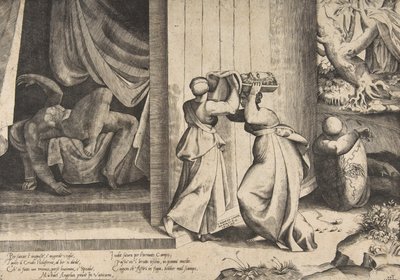 Judith übergibt das Haupt des Holofernes ihrer Dienerin, der enthauptete Holofernes im Hintergrund, 1531-76 von Giulio Bonasone