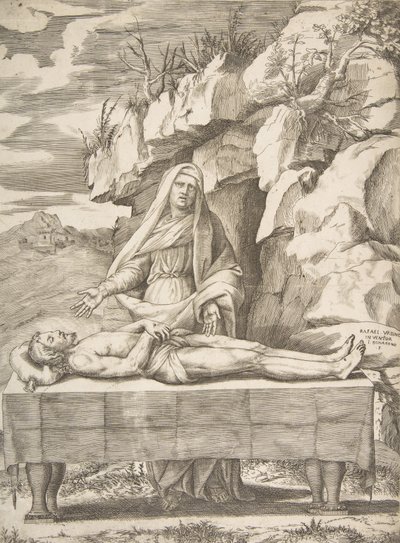Pieta, Christus ausgestreckt auf einem Tisch in einer Landschaft, die Jungfrau dahinter stehend, 1531-76 von Giulio Bonasone